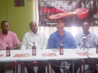 The TGH inter-ward tournament’s launch committee from left to right- Director of the Eyefull Entertainment Frank Parris, Mackeson Brand Manager Jamaal Douglas, Tournament Public Relations Officer Kirk Jardine and TGH Chairman Dennis Clark. 