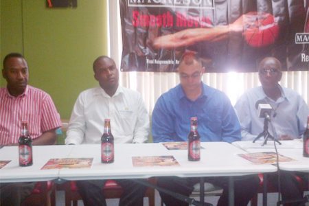 The TGH inter-ward tournament’s launch committee from left to right- Director of the Eyefull Entertainment Frank Parris, Mackeson Brand Manager Jamaal Douglas, Tournament Public Relations Officer Kirk Jardine and TGH Chairman Dennis Clark.
