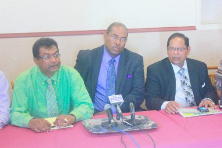 From left at the press conference are Khemraj Ramjattan, Nigel Hughes and Moses Nagamootoo
