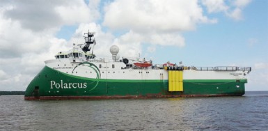 The Seismic survey ship Polarcus Asima anchored in Port Georgetown yesterday.