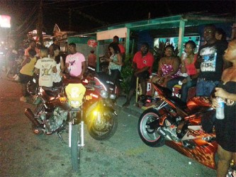 Part of the large crowd of bikers and friends gathered outside the Bagotstown location for the wake for biker Kirk Davis last night.