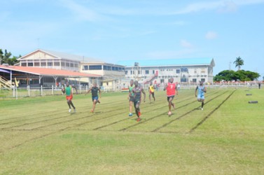 Winston George, third from right is unchallenged in the men’s 100m sprint dash. Patrick King (seond right) and Chavez Ageday (third left) are second and third place finishers. 