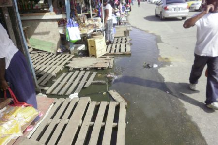 A view of the stagnant water under numerous stalls 