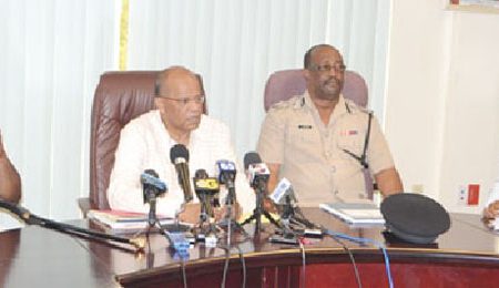 Minister of Home Affairs, Clement Rohee (second from left), Guyana Defence Force Chief of Staff Gary Best (left), Commissioner of Police, Leroy Brummel (second from right) and Commissioner General, Guyana Revenue Authority, Khurshid Sattaur updating the media on their meetings. (GINA photo)