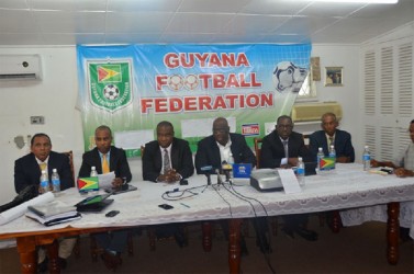 FIFA’s Development Officer, Howard McIntosh makes a point during yesterday’s press briefing at the GFF head office as executive members of the federation look on.