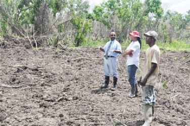 NO GOAL! Former GFF president Colin Klass and then site engineer Colin Bowen, centre, along with another individual during a visit by Stabroek News to the proposed location in 2010.