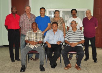 President of the GBBC, Peter Abdool (sitting centre) poses for a photo opportunity with his executives following yesterday’s AGM at the Civil Defence Commission. (Orlando Charles photo)