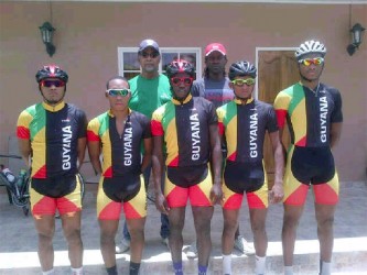 Guyana’s five-man cycling unit that competed in the Bigi Bergi four-stage road race in Suriname. They are flanked by Team Manager and Coach Brian Allen and Dwayne Gibbs. 