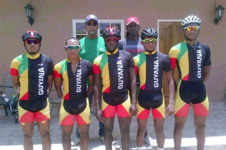 Guyana’s five-man cycling unit that competed in the Bigi Bergi four-stage road race in Suriname. They are flanked by Team Manager and Coach Brian Allen and Dwayne Gibbs.