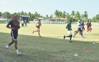 The Berbice players undergoing their fitness drills yesterday at the Albion Community Development Center Ground (Orlando Charles Photo)