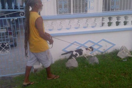 North Sophia resident Marcus walks his five-year-old cat “Climb Up” around the neighbourhood yesterday afternoon (Photo by Chevy Devonish) 
