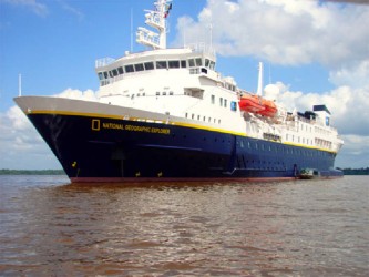 The National Geographic Explorer cruise ship moored in the Essequibo River