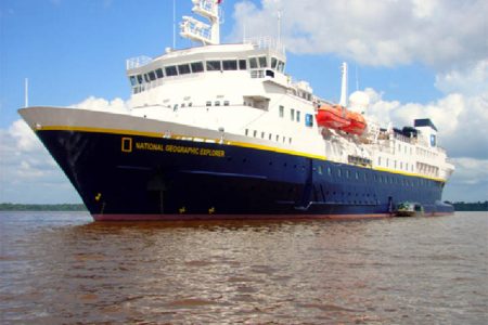 The National Geographic Explorer cruise ship moored in the Essequibo River