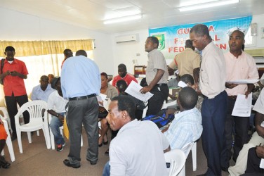 Representatives of the various associations and clubs at the GFF head office yesterday for the Premier League signing. 