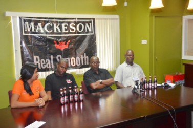 Technical Director of the GBA, Terrece Poole, (extreme right) makes a point a yesterday’s launch of the’ Mackeson Fight Night’ as Ansa McAL’s Darshanie Yussuf, Jamal Douglas and GBA’s head, Steve Ninvalle look on. 