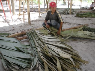 A worker preparing the leaves to complete the roof of the benab in St Cuthbert’s. (Arian Browne photo)