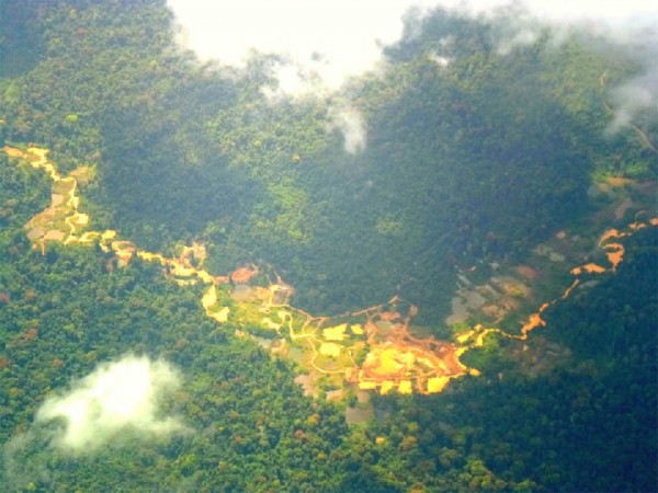 Mining operations in the Middle Mazaruni in Region Seven , one of the premier gold-mining areas in Guyana as seen from the air. (Photo by Gaulbert Sutherland) 