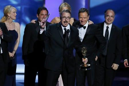Executive producer Vince Gilligan accepts the award for Outstanding Drama Series for ''Breaking Bad'' at the 65th Primetime Emmy Awards in Los Angeles September 22, 2013.Credit: Reuters/Mike Blake
