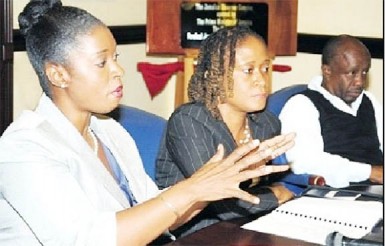 Dr Tamika Benjamin, national mathematics co-ordinator in the education ministry (left), explains the rationale for the National Mathematics Policy at this week’s Jamaica Observer Monday Exchange. With her are Novelette Plunkett, head of the Mathematics Department at The Mico University College, and Byron Buckley, director of communications at the education ministry.  