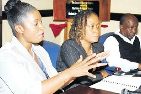 Dr Tamika Benjamin, national mathematics co-ordinator in the education ministry (left), explains the rationale for the National Mathematics Policy at this week’s Jamaica Observer Monday Exchange. With her are Novelette Plunkett, head of the Mathematics Department at The Mico University College, and Byron Buckley, director of communications at the education ministry.
