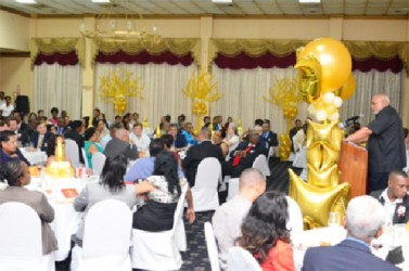 President Donald Ramotar (at rostrum) addressing attendees last night at the Guyana Manufacturing and Services Association’s (GMSA) 50th Anniversary dinner at the Pegasus Hotel. (GINA photo) 
