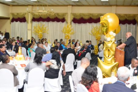 President Donald Ramotar (at rostrum) addressing attendees last night at the Guyana Manufacturing and Services Association’s (GMSA) 50th Anniversary dinner at the Pegasus Hotel. (GINA photo)
