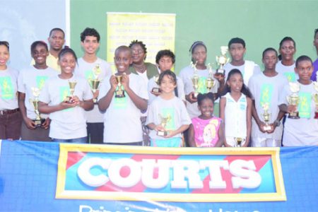 Tournament participants posing with their respective trophies.