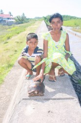 This solemn duo with the turtle they found near the seawall at Nootenzuil, East Coast Demerara yesterday. (Photo by Arian Browne)