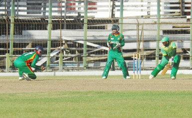 Guyana’s Shailendra Shammer is caught by Rabbi at point. (Orlando Charles photo)