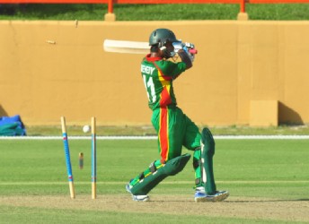 Bangaldesh skipper Mehedi Hasan Miraj is spectacularly bowled by Alzarri Joseph (mot in picture) Orlando Charles photo) 