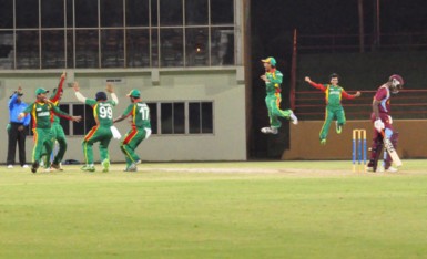 Zubair Likhon celebrates his hat-trick. (Orlando Charles photo) 