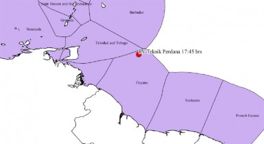 A geographic information system (GIS) map showing the position of the Research Vessel Teknik Perdana in the Exclusive Economic Zone of Guyana at 17:45hrs on October 10, 2013, when it was intercepted by a Venezuelan frigate. (GIS map courtesy of Caribbean GIS)  