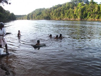 Children playing in the Mazaruni River at Isseneru last week. River dredging has contributed to pollution of the river. 