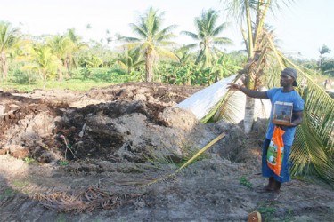 Farmer Tyson points to an area of his farm that he said was destroyed by persons carrying out CJIA expansion works. 