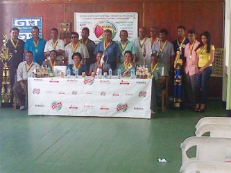 Members of the Guyana Floodlights Softball Cricket Association and sponsors at the launching yesterday (Photo by Clifton Ross)