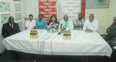 Minister of Education, Priya Manickchand (fourth from left) addresses those present at yesterday’s launch of the National Schools’ Championship. Also in photo from left are Chief Education Officer, Olato Sam, Region Four Chairman, Clement Corlette, Permanent Secretary within the Ministry, Delma Nedd, GTU President, Colin Bynoe, Digicel’s Events and Sponsorship Manager, Gavin Hope and Nationals Marketing and PR Officer, Edison Jefford. 