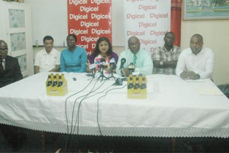 Minister of Education, Priya Manickchand (fourth from left) addresses those present at yesterday’s launch of the National Schools’ Championship. Also in photo from left are Chief Education Officer, Olato Sam, Region Four Chairman, Clement Corlette, Permanent Secretary within the Ministry, Delma Nedd, GTU President, Colin Bynoe, Digicel’s Events and Sponsorship Manager, Gavin Hope and Nationals Marketing and PR Officer, Edison Jefford.