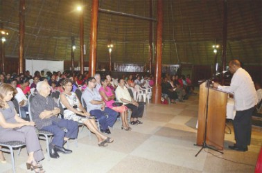 PPP General Secretary Clement Rohee  addressing the gathering at Friday’s evening of reflection on the life of late former President Janet Jagan, which was organised by the Women’s Progressive Organisation (WPO).