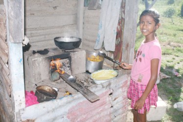 This young lady prepares pholourie and biganie for the family’s dinner on  a fireside.  