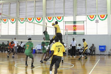  Captain Creston Rodney going in for one of his kills last night in Guyana’s five-set victory over Suriname. (Orlando Charles photo) 