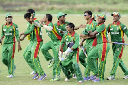The Bangladesh team celebrate winning the series against the West Indies U19 team yesterday at the Everest Cricket Club ground. (Photo courtesy of West Indies Cricket Photostream)
