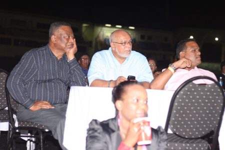 President Donald Ramotar (centre) and Prime Minister Sam Hinds (left) at the R Kelly concert on Saturday.