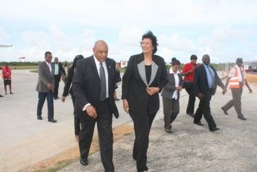 Speaker of the Surinamese Parliament, Dr. Jennifer Geerlings-Simons arrived this afternoon at the Ogle International Airport. Geerlings-Simon (right in foreground) is seen here with Speaker of the National Assembly Raphael Trotman. Geerlings-Simons together with a delegation of eleven will be here from the 24th to 26th October, 2013.