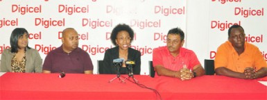  From left, Digicel Head of Sales, Nalini Vieira, Vice-President of the Lusignan Golf Club (LGC) Dave Mohamed, Digicel’s Head of Marketing Jacqueline James, 2011 Digicel Open winner Raj Kumar and Events Sponsor Manager Gavin Hope. (Orlando Charles photo)   