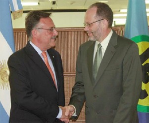 Secretary General Ambassador Irwin LaRocque, shakes hands with newly appointed Argentine Ambassador to Caricom, H.E. Luis Alberto Martino, following an official ceremony at the Caricom Secretariat where the Argentine Ambassador presented his letters of credence to Ambassador LaRocque (Caricom Secretariat photo) 