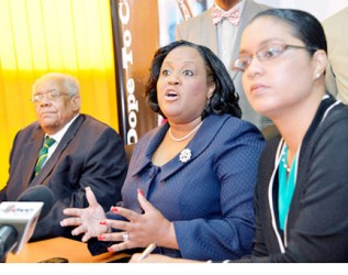 Natalie Neita-Headley (centre) updates the media on the World Anti-Doping Agency’s visit to Jamaica during a press conference on Wednesday. Jamaica Anti-Doping Commission Chairman Dr Herb Elliott (left) and Onika miller, permanent secretary in the Office of the Prime Minister, look on