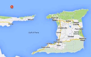 The red dot shows where the quake occurred. (Trinidad Express photo)