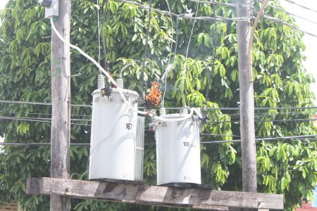 A transformer on Robb Street between Camp and Wellington streets on fire today. The blaze was later put out.