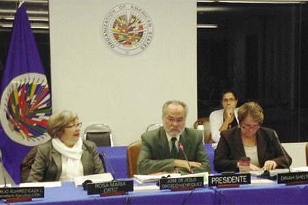 IACHR Commissioners at the Guyana hearing (left to right) Rosa Maria Ortiz, rapporteur with responsibility for children’s rights, Jose De Jesus Orozco Henriquez, President of the IACHR, and Dinah Shelton, rapporteur responsible for Guyana