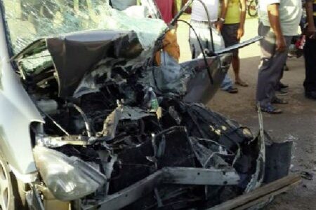 The crushed car, in which Murshid (leader) of the Guyana Islamic Trust (GIT) Haseeb Yusuf and two foreign nationals were travelling, after the collision with a truck at Skeldon, Corriverton, early yesterday morning 